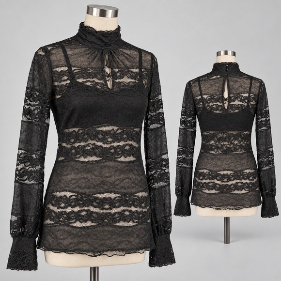 Love Couture Tops - Black Sheer Floral Lace Mock Neck Long Sleeve Blouse Keyhole Mesh Top
